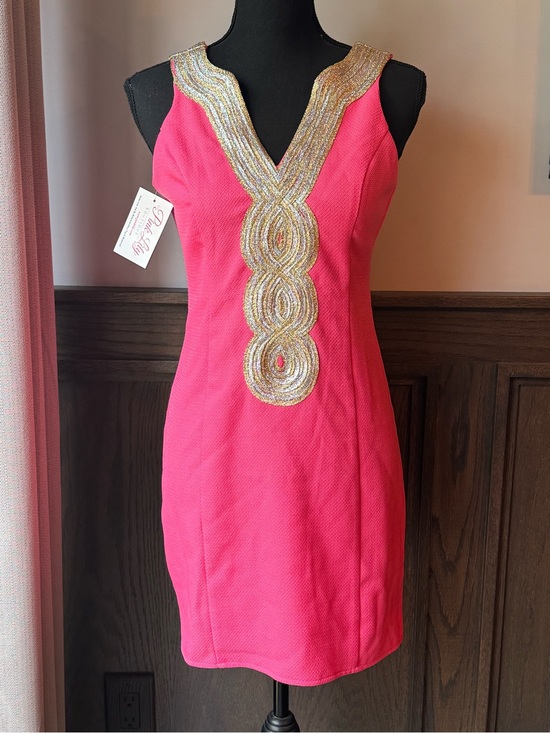 Pink Lily Dresses & Skirts - Pink Lily Hot Pink Mini Dress with Gold Beaded V-Neck medium NWT
